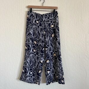 Habitat Pull On Wide Leg Cropped Palazzo Pants XS Navy Blue White Floral Boho